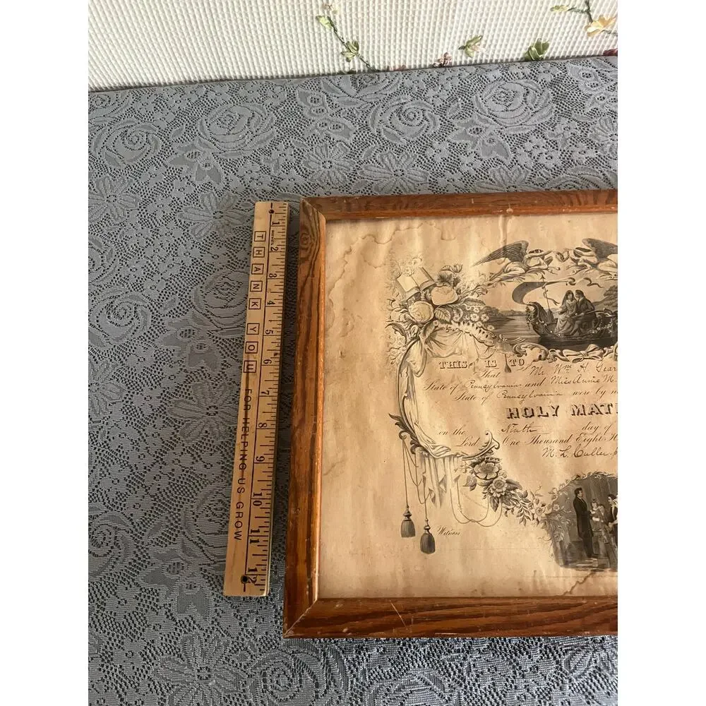 Antique Victorian Holy Matrimony Marriage Certificate Framed Design 1880s PA